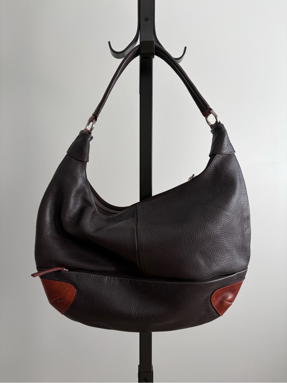 Derek Alexander Leather Hobo Shoulder Bag in Dark Brown with Chestnut Accents - Picture 2 of 10